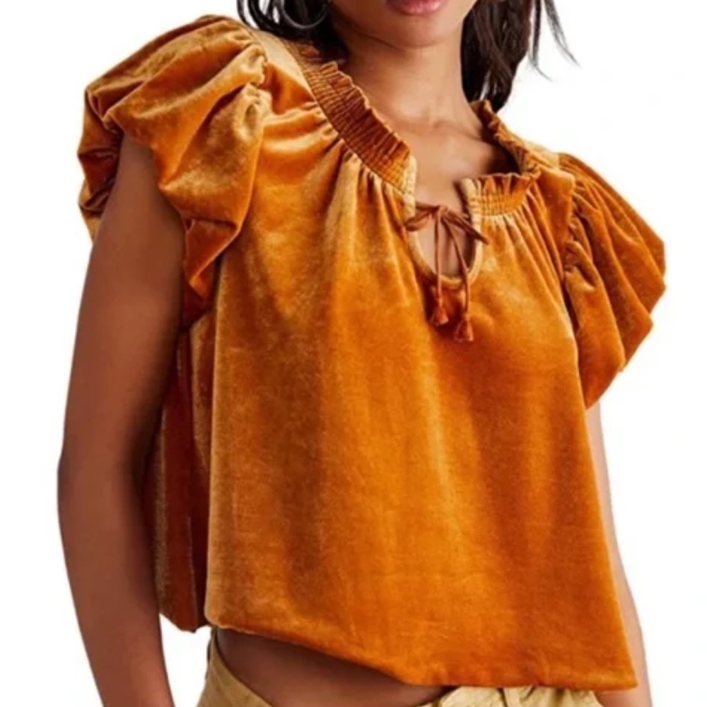 Free People Velvet Ruffle Sleeve Blouse in pumpkin pie; size s
